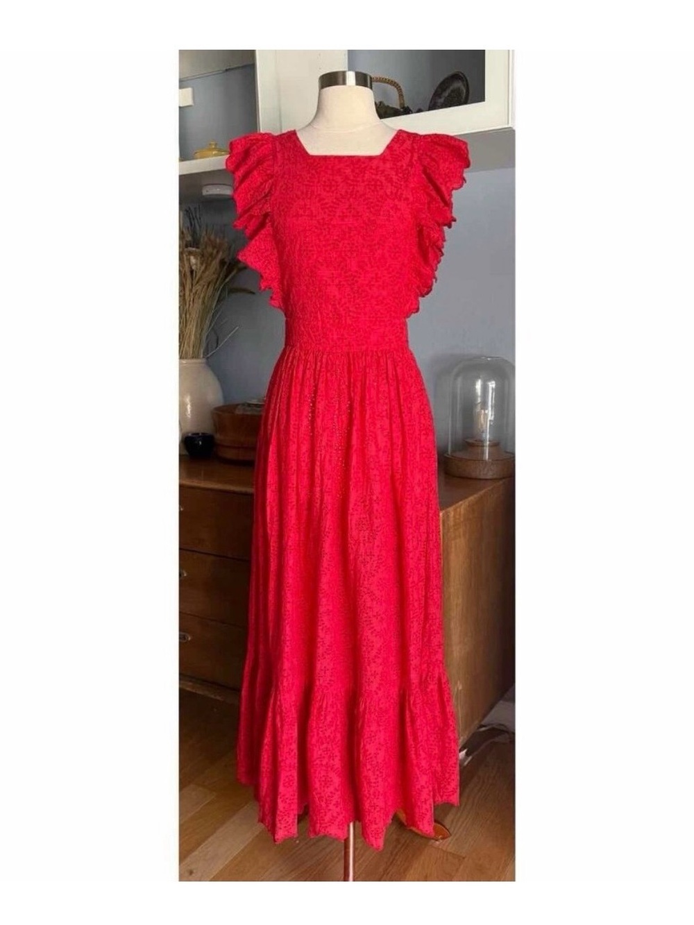 The Great The Eyelet Apron Maxi Dress Cardinal Red Ruffles